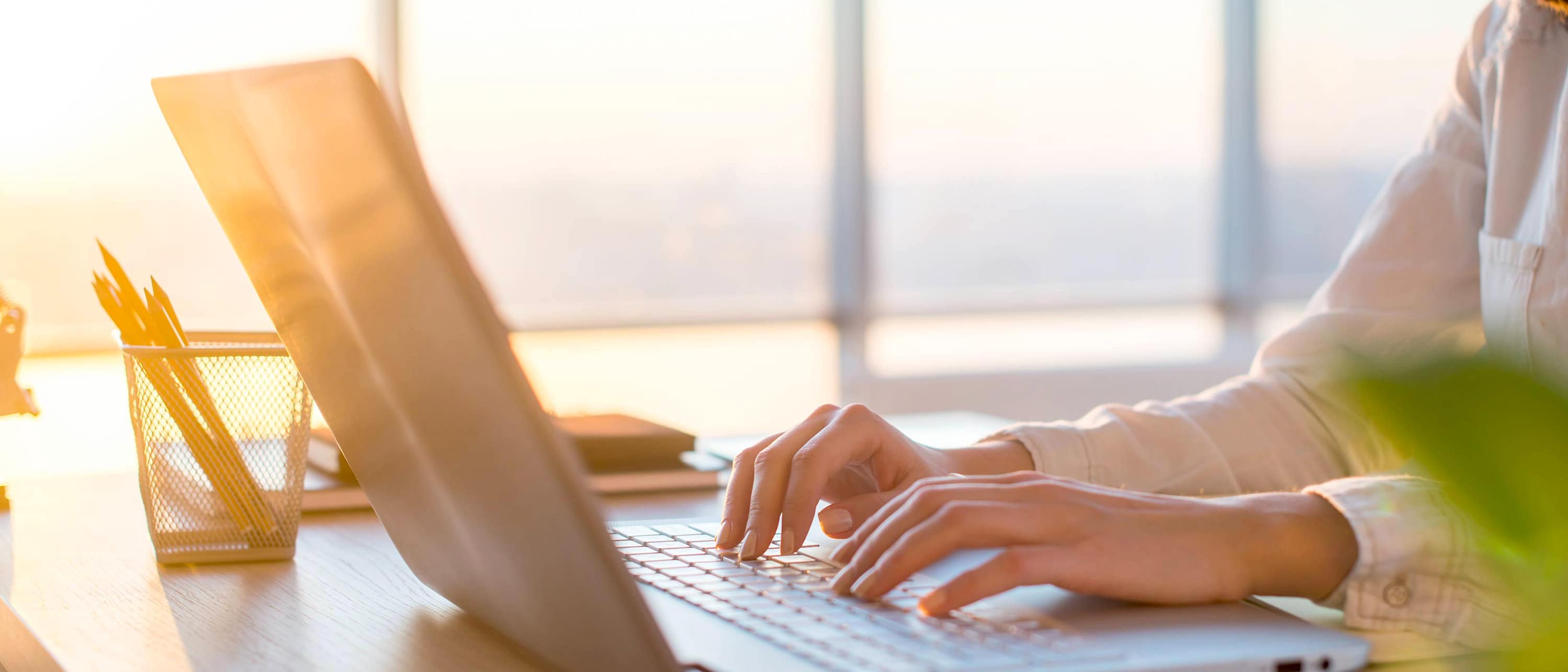 Person arbeitet am Laptop an einem hellen Fensterplatz